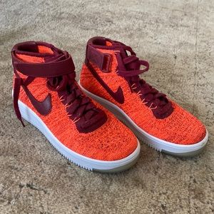 NIke Women Air Force 1 Crimson Orange Team Red Flyknit High Top Sneaker 7.5